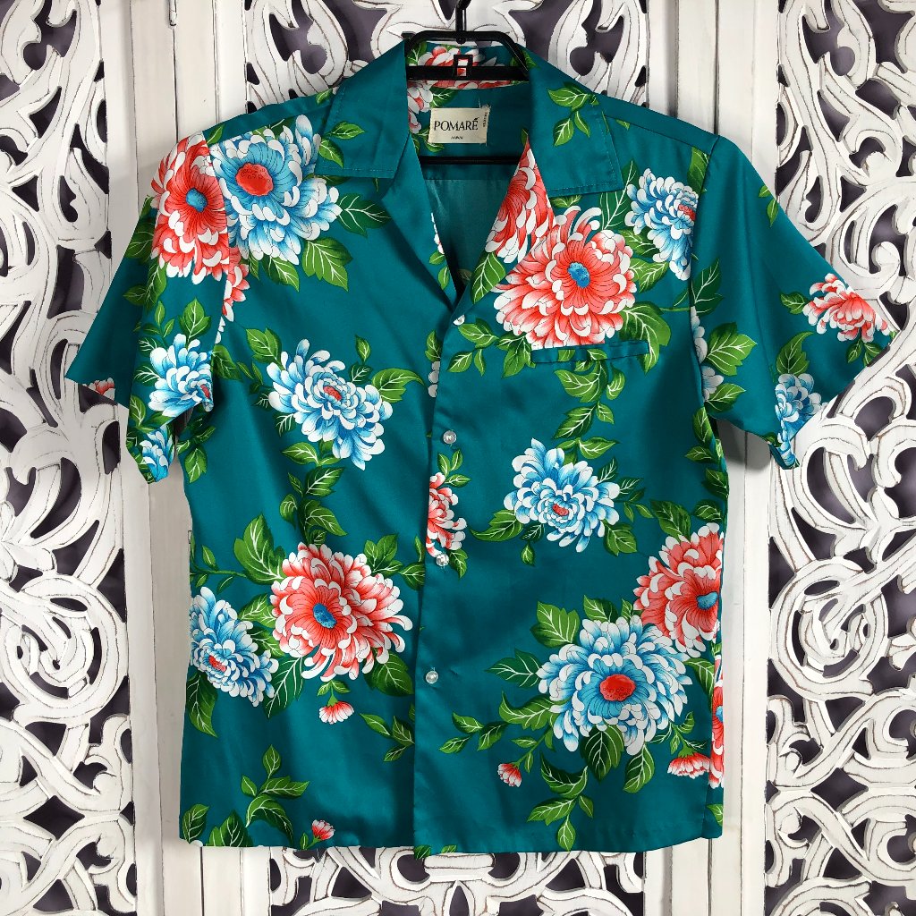 Vintage Pomare Hawaiian Shirt Polyester Teal Rare Floral Men's S/M Flaw